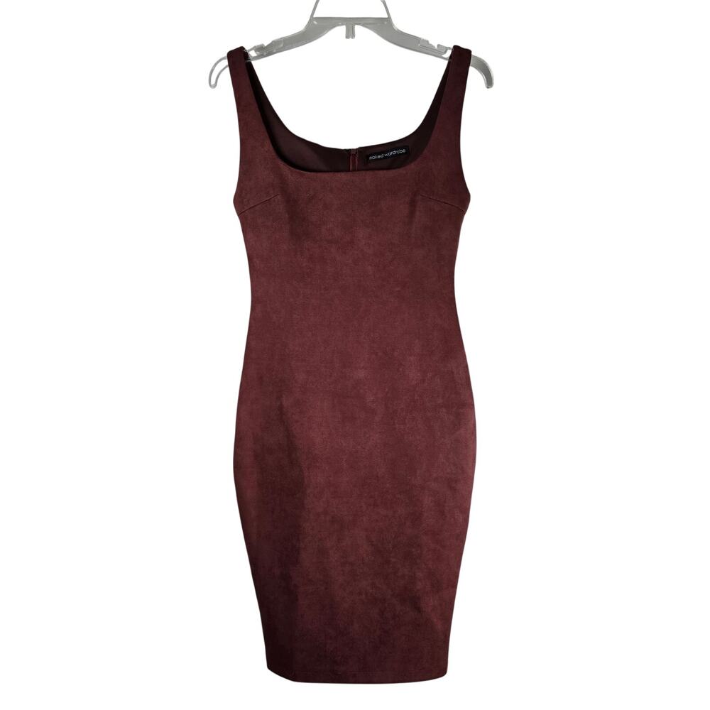 Naked Wardrobe Rust Brown Faux Suede Midi Bodycon Dress Square Neck Medium M